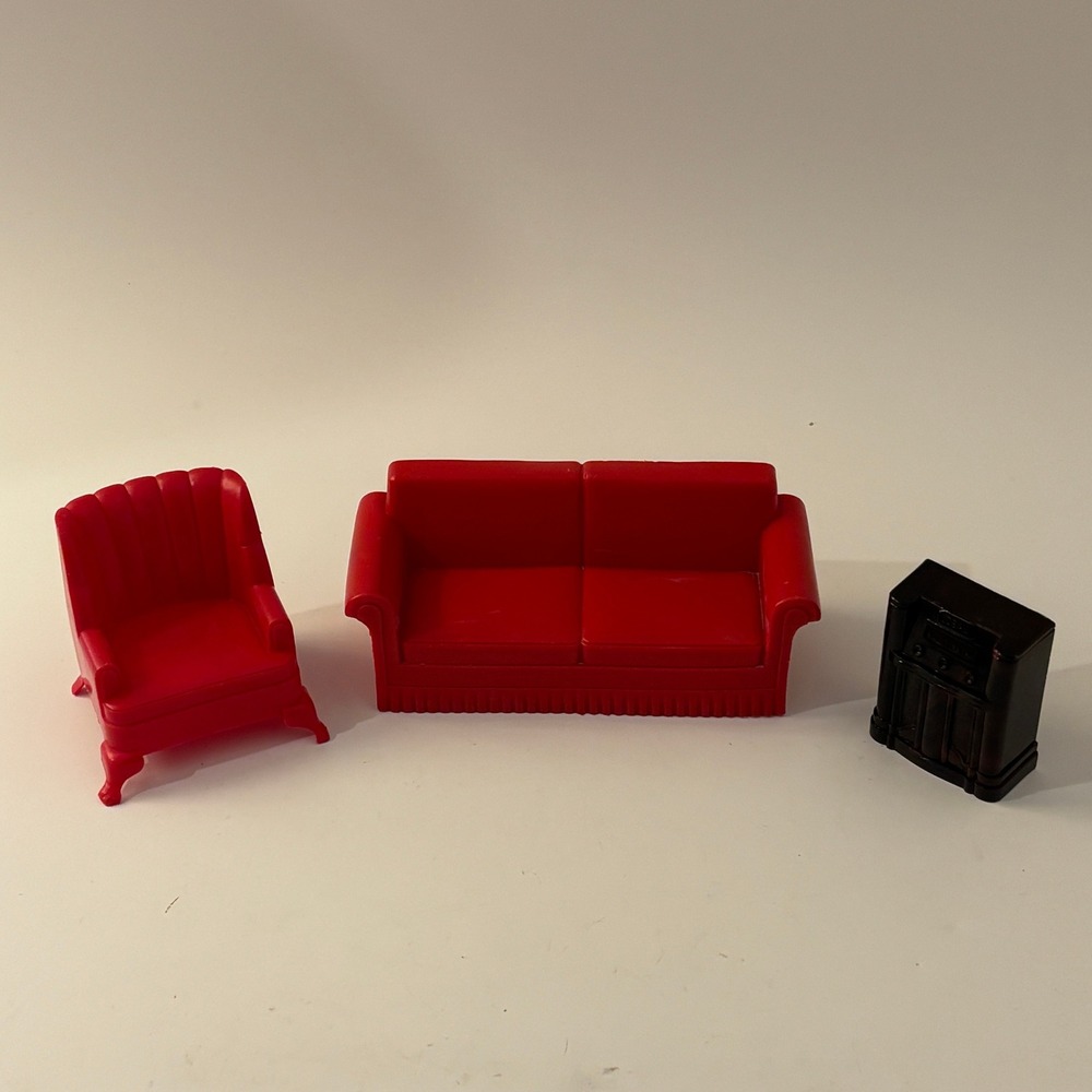 VTG Marx Toys Dollhouse Furniture Red Sofa Armchair Ideal Radio 3pc Set 1950s